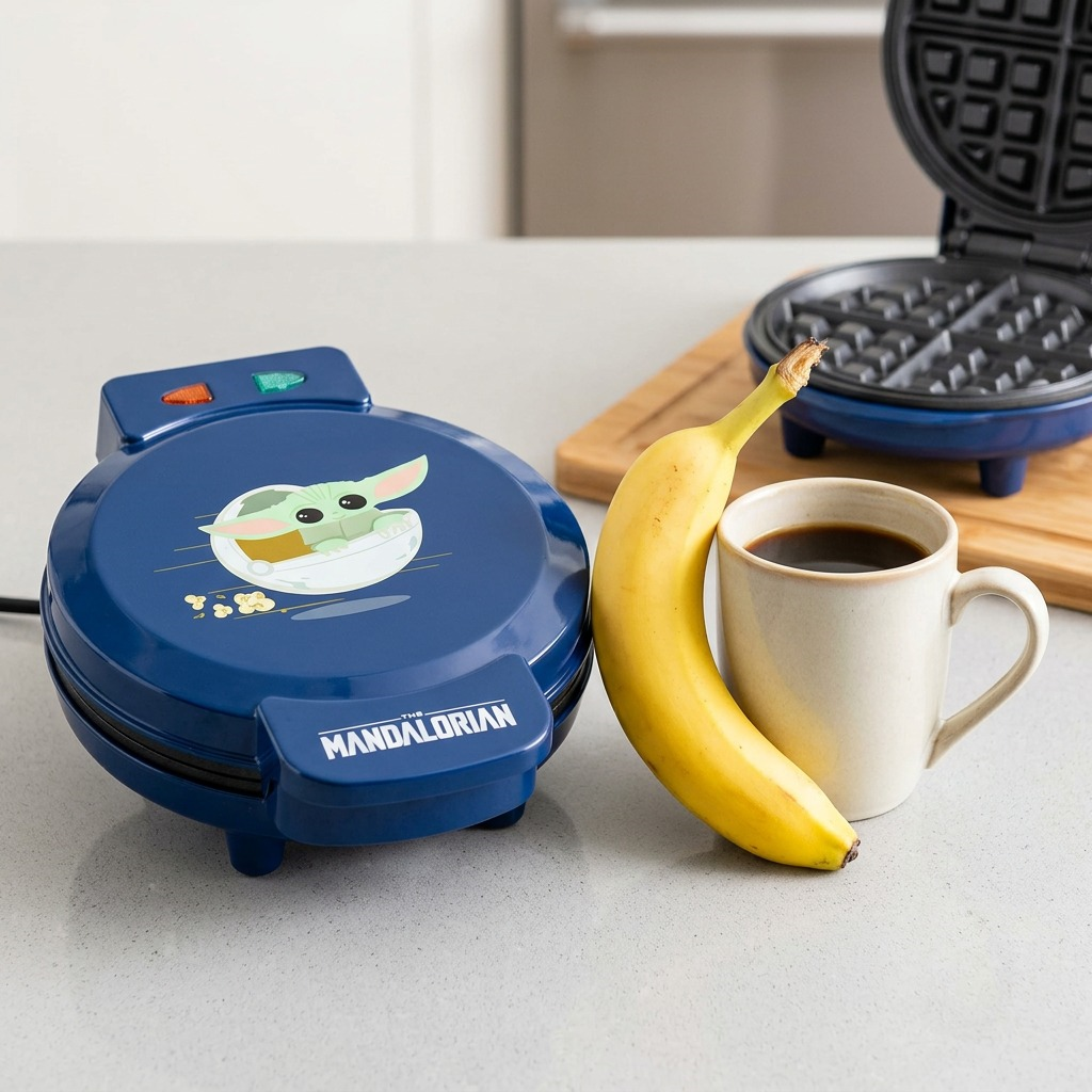 Star Wars Grogu 7-inch waffle maker on a kitchen counter next to a banana and coffee cup for scale.