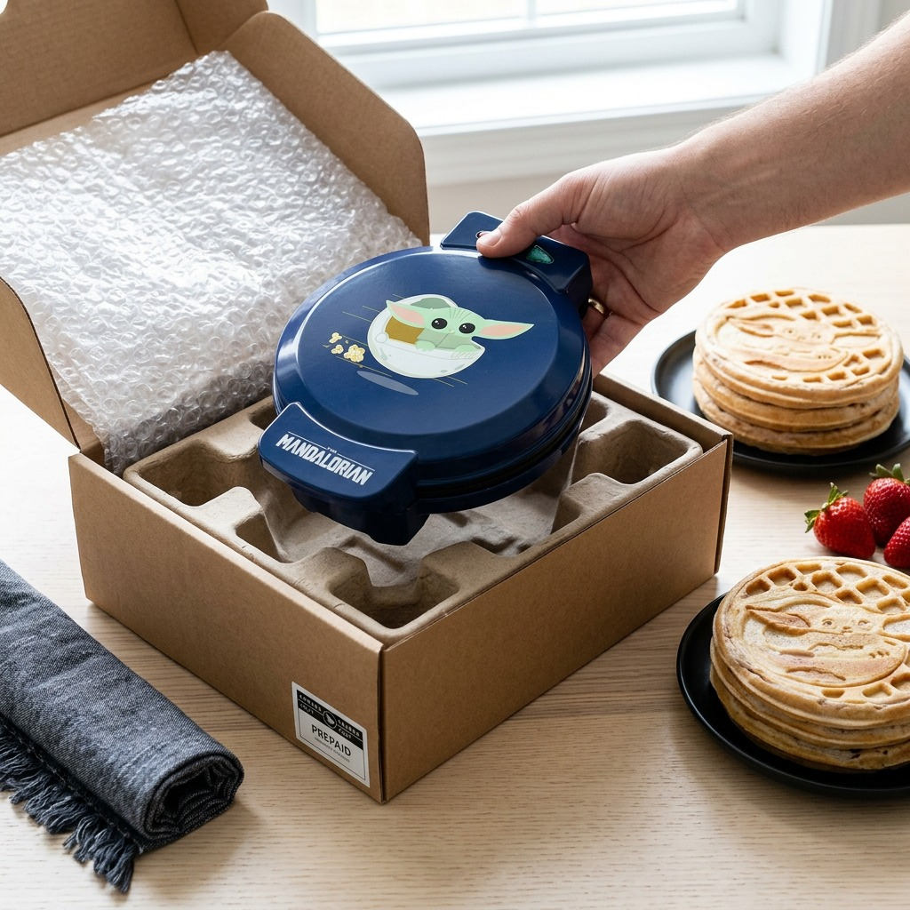 Person unboxing a blue Star Wars Grogu waffle maker from its protective shipping box.