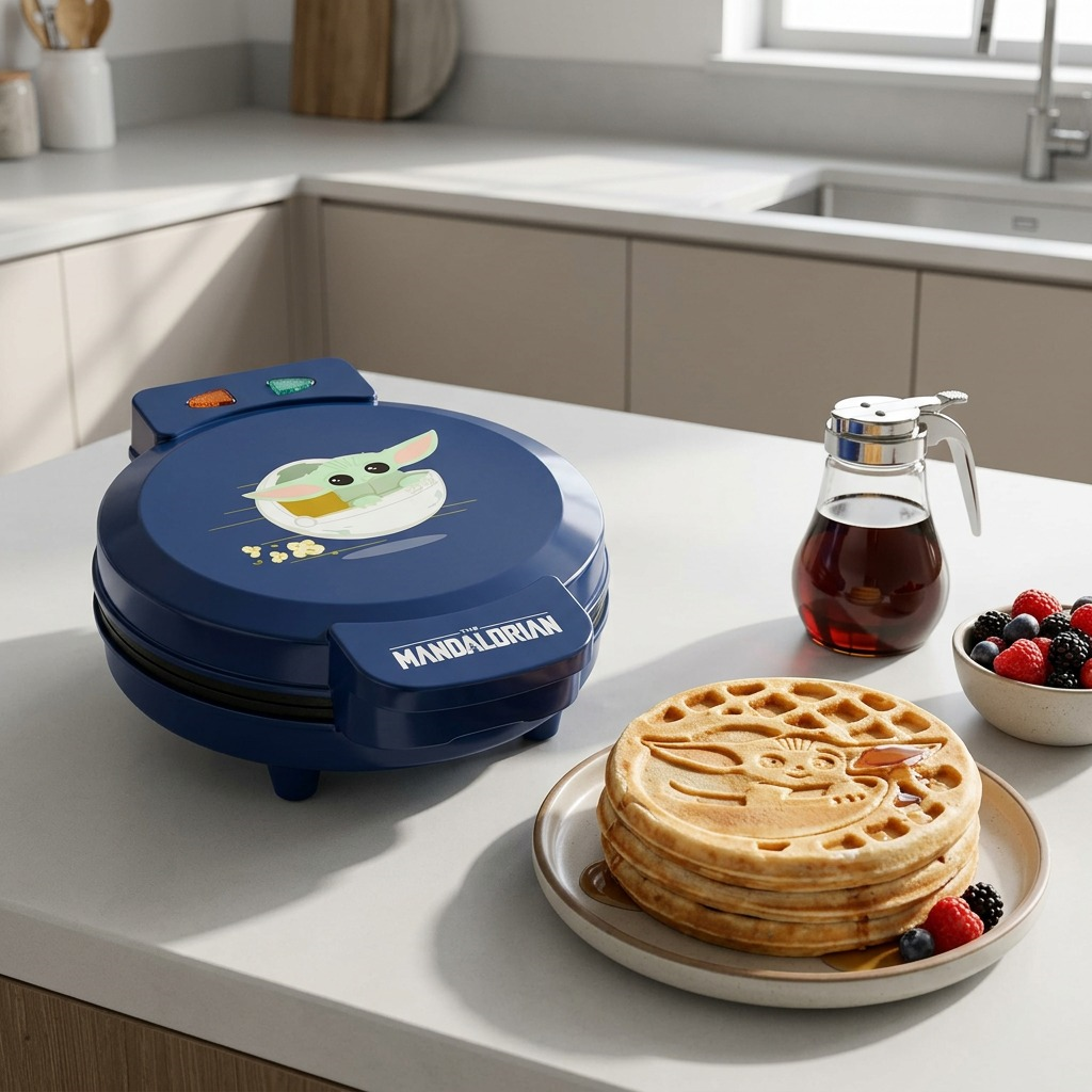 Uncanny Brands Star Wars Grogu Waffle Maker on a kitchen counter with a stack of Grogu waffles.