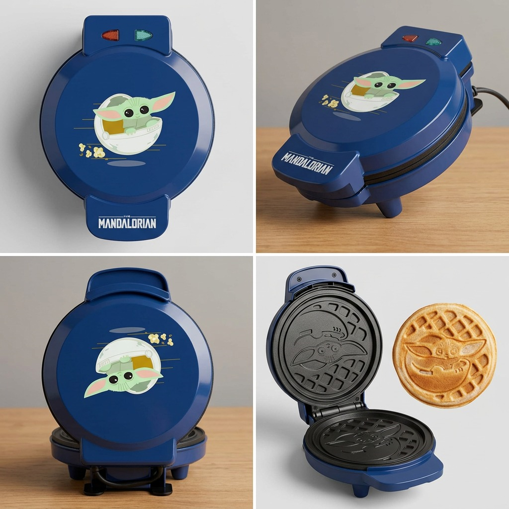 Four views of the blue Grogu waffle maker showing the lid design, side profile, and open cooking plates.