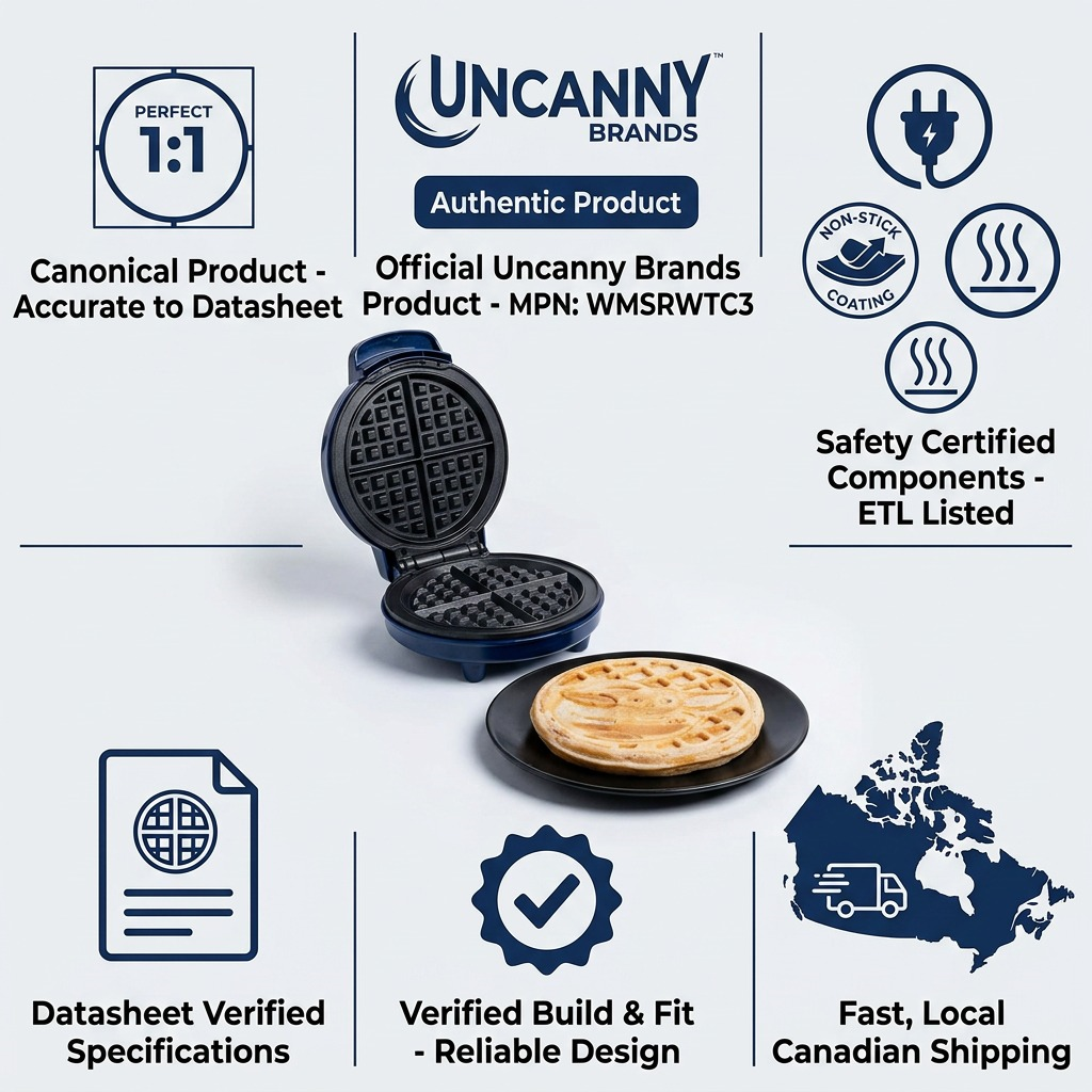 Infographic for Uncanny Brands Grogu Waffle Maker with non-stick coating and fast Canadian shipping.