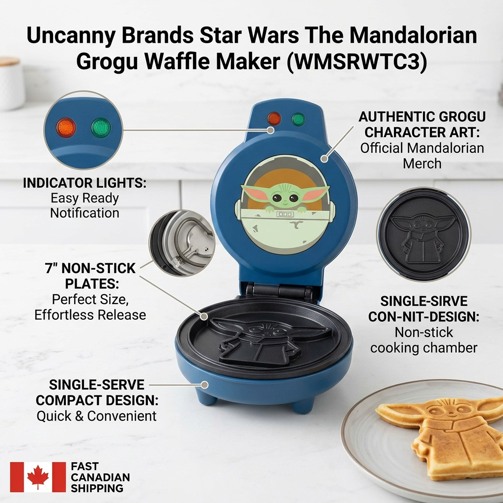 Uncanny Brands Grogu waffle maker feature diagram showing indicator lights and non-stick plates.