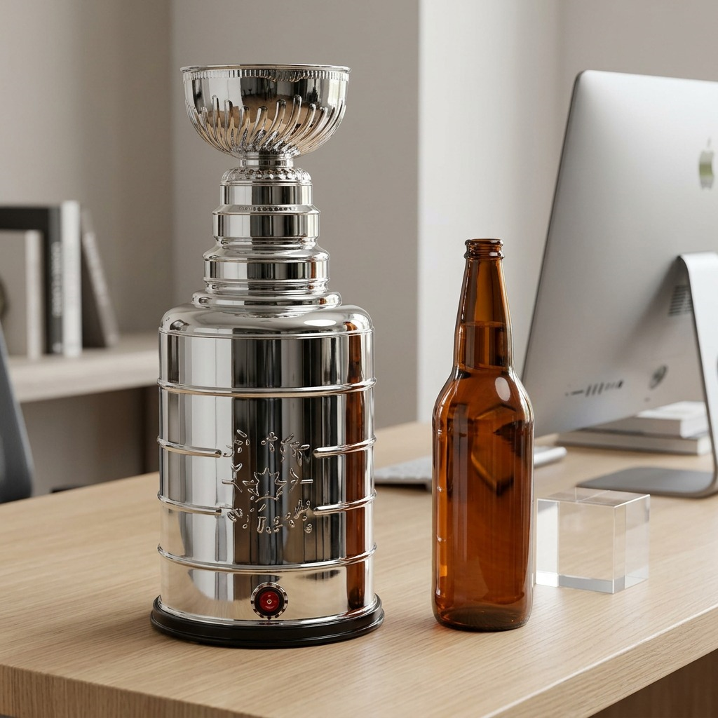 Uncanny Brands 17-inch Stanley Cup Popcorn Maker next to a glass bottle for scale on a desk.