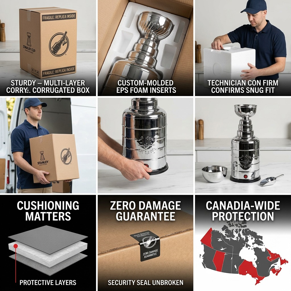 NHL Stanley Cup Popcorn Maker unboxing showing secure foam inserts, shipping box, and protection.
