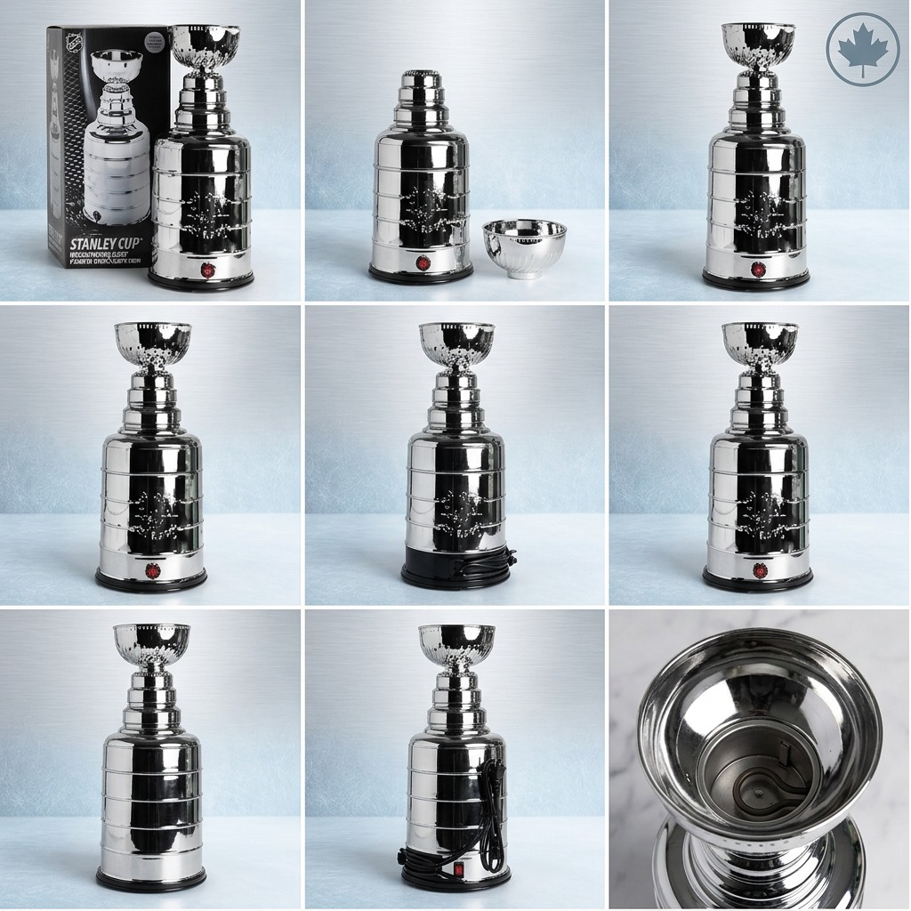 Grid showing NHL Stanley Cup Popcorn Maker from multiple angles, including packaging and interior.