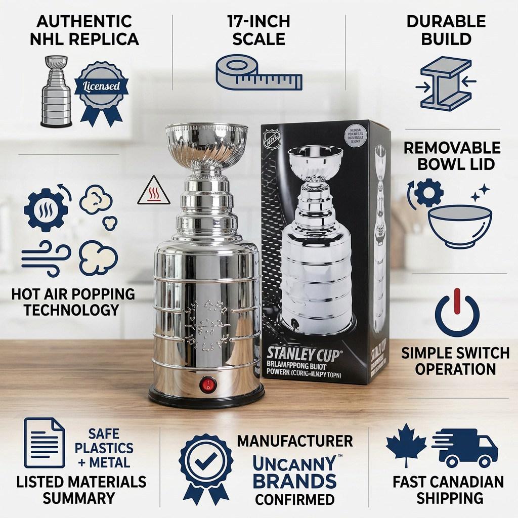 Uncanny Brands NHL Stanley Cup Popcorn Maker infographic highlighting its 17-inch scale and build.