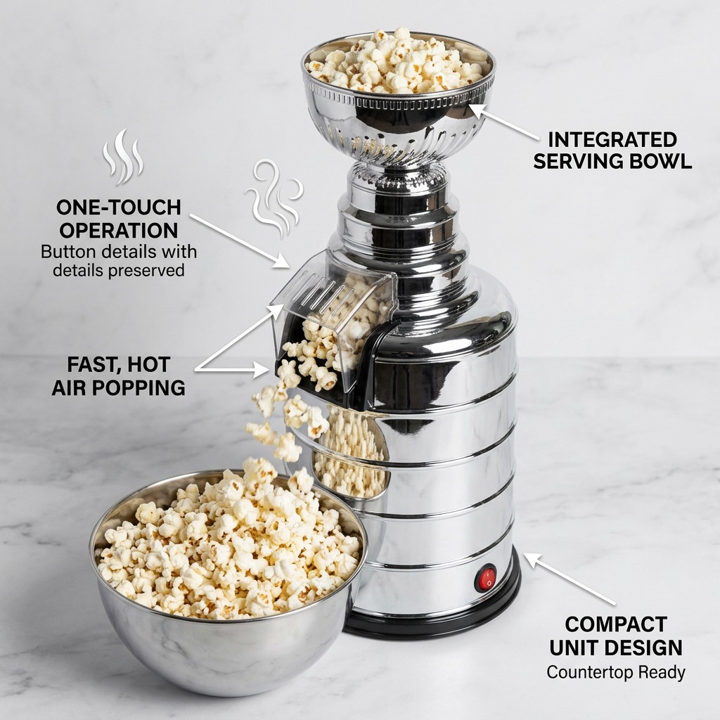 NHL Stanley Cup Popcorn Maker featuring hot air popping, serving bowl, and compact unit design labels.