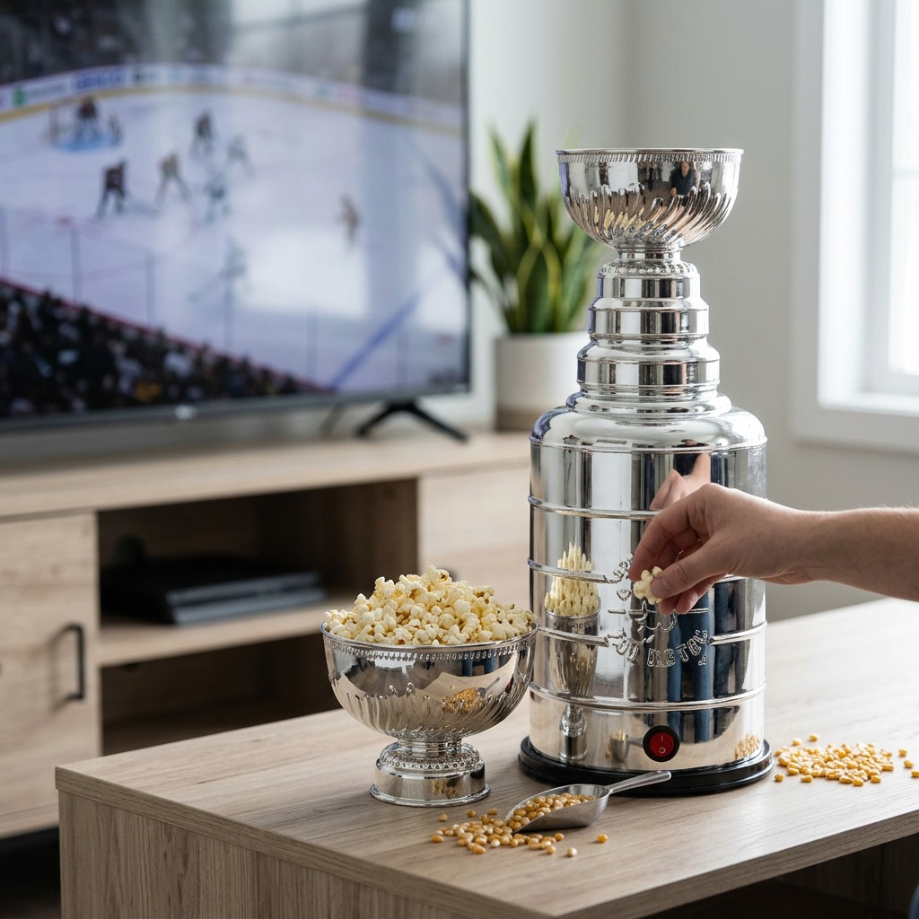 A silver NHL Stanley Cup replica popcorn maker and matching bowl on a table during a hockey game.