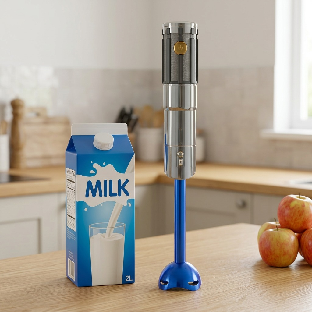 Anakin Lightsaber Hand Blender standing next to a 2L milk carton for scale on a kitchen counter.