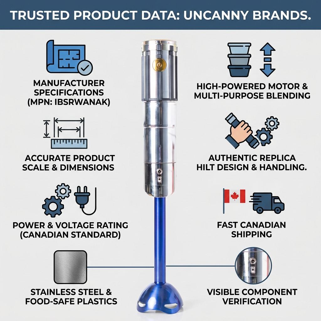 Infographic for Uncanny Brands Anakin Lightsaber Hand Blender showing specs and fast Canada shipping.