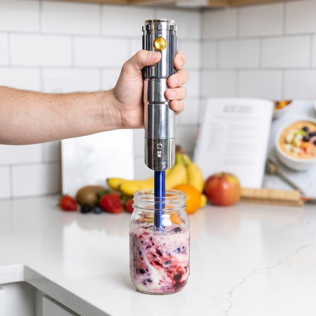 Person using the Anakin Skywalker lightsaber hand blender to mix a berry smoothie in a mason jar.
