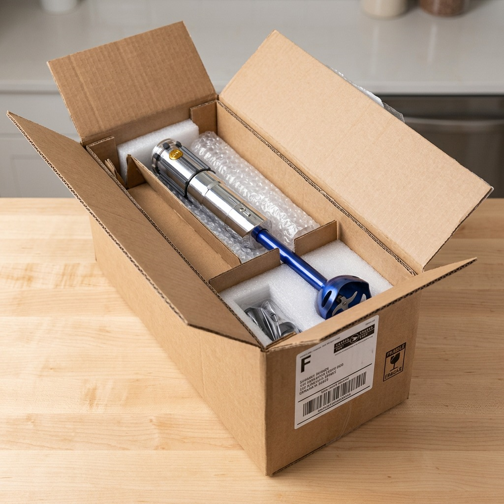 A Star Wars Anakin Lightsaber Hand Blender securely packed in a protective cardboard shipping box.