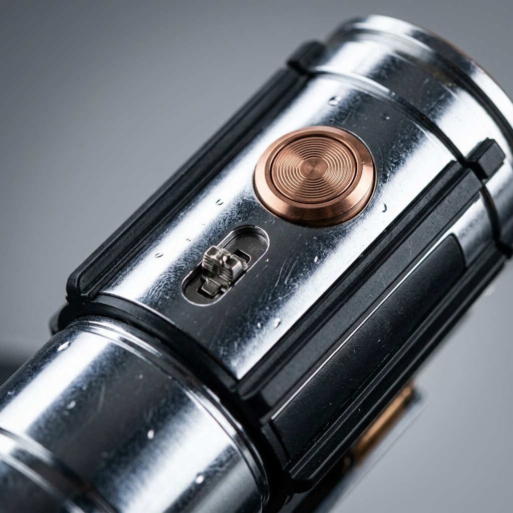 Macro detail of the Anakin Lightsaber Hand Blender's metal hilt handle with bronze button control.