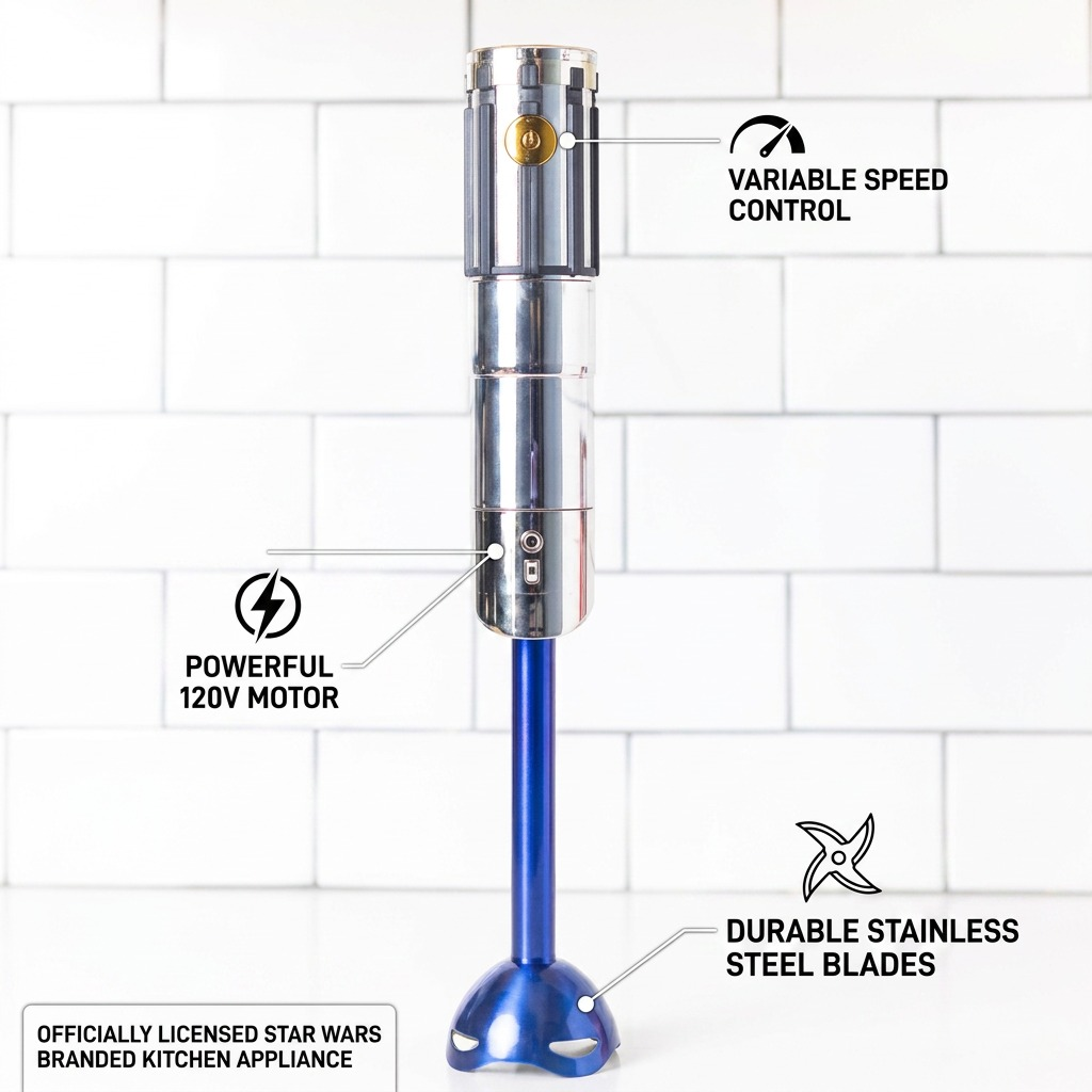 Star Wars Anakin Lightsaber Hand Blender features: variable speed control, 120V motor, and stainless steel blades.