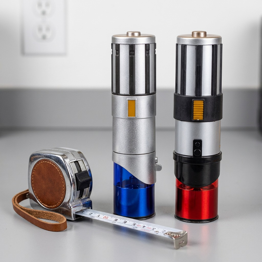 Star Wars Lightsaber salt and pepper grinders shown next to a measuring tape for scale reference.