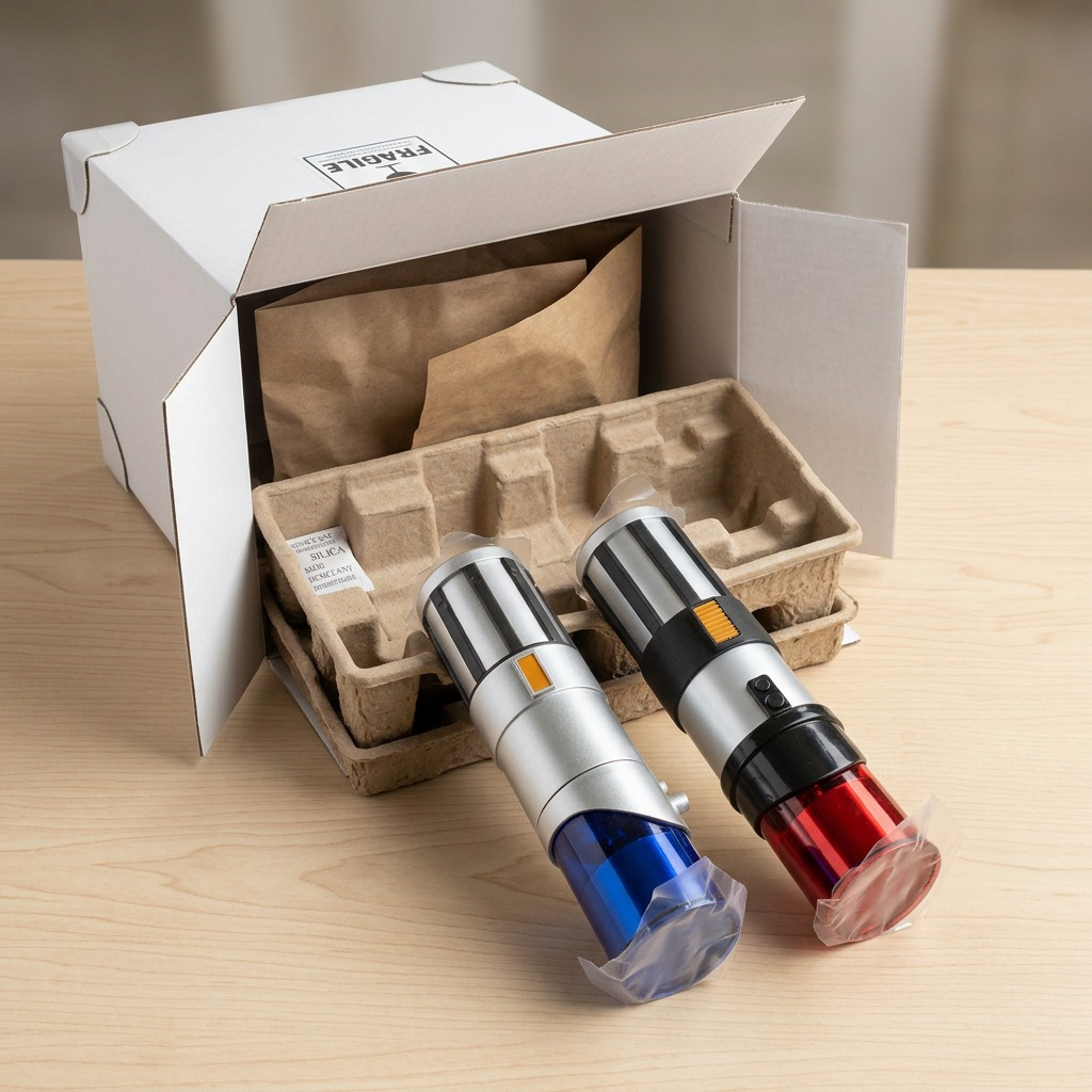 Star Wars Lightsaber salt and pepper mills being unboxed from a secure shipping container.