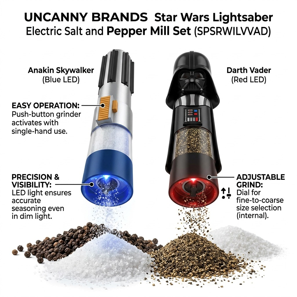 Feature diagram of Star Wars LED Salt and Pepper Mills highlighting one-touch use and adjustable grind.
