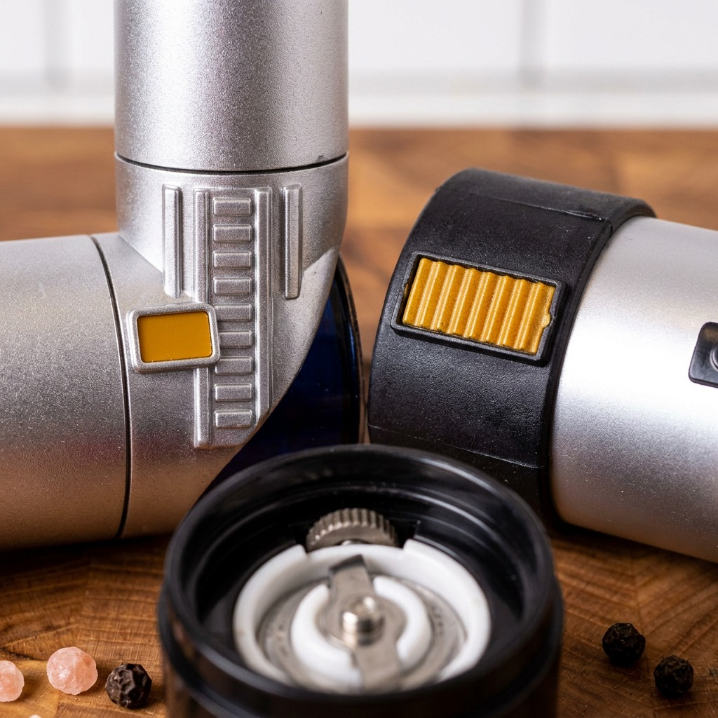 Macro detail of Star Wars Lightsaber Grinder set showing silver hilt textures and ceramic mill mechanism.