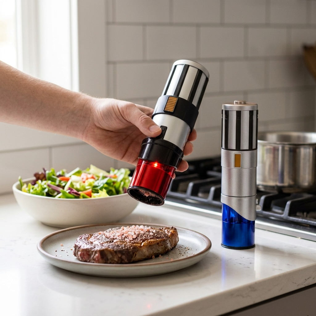 A hand seasons steak with the Uncanny Brands Star Wars Darth Vader red LED lightsaber grinder.