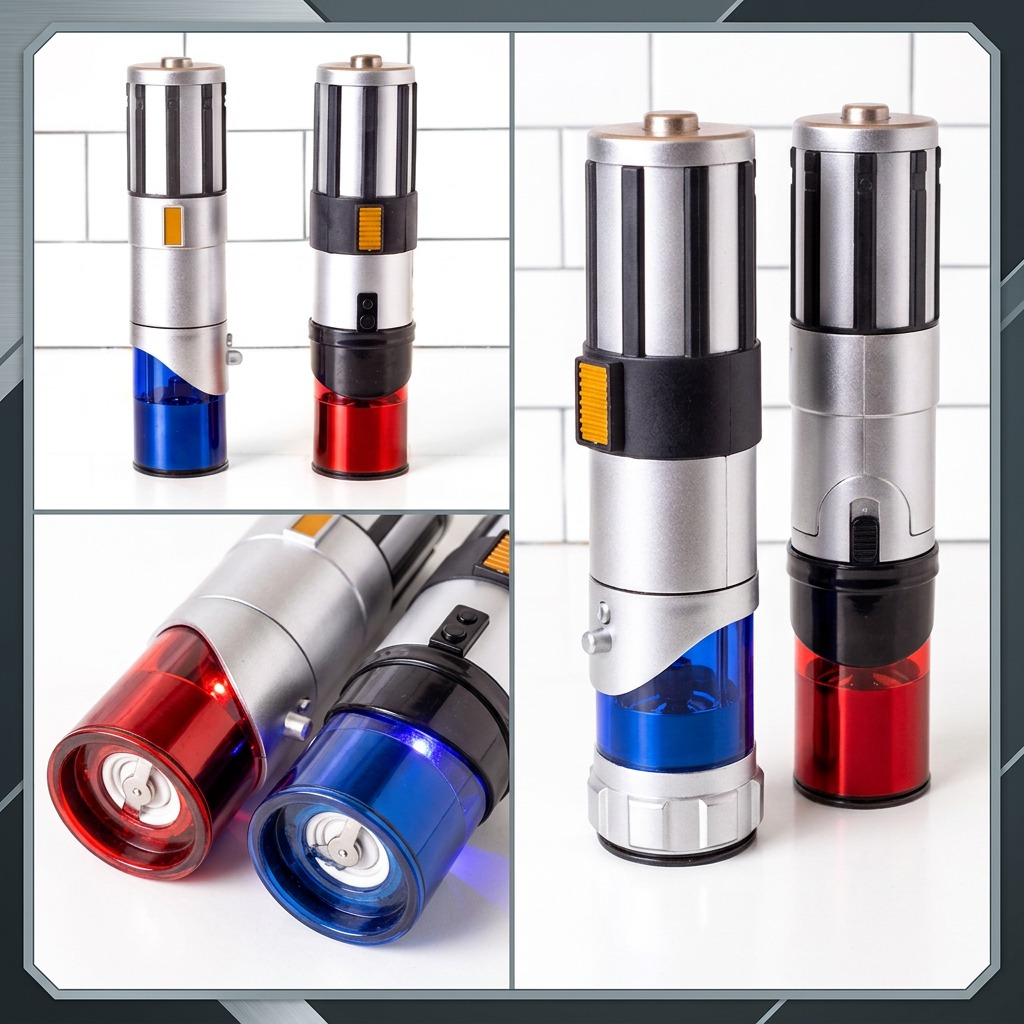 Star Wars Lightsaber salt and pepper mill set shown in a matrix of standing and tilted angles.