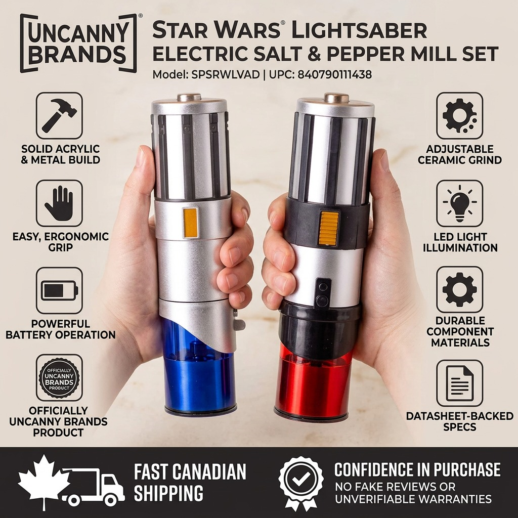 Infographic for Uncanny Brands Star Wars Lightsaber Grinder Set highlighting LED and battery power.