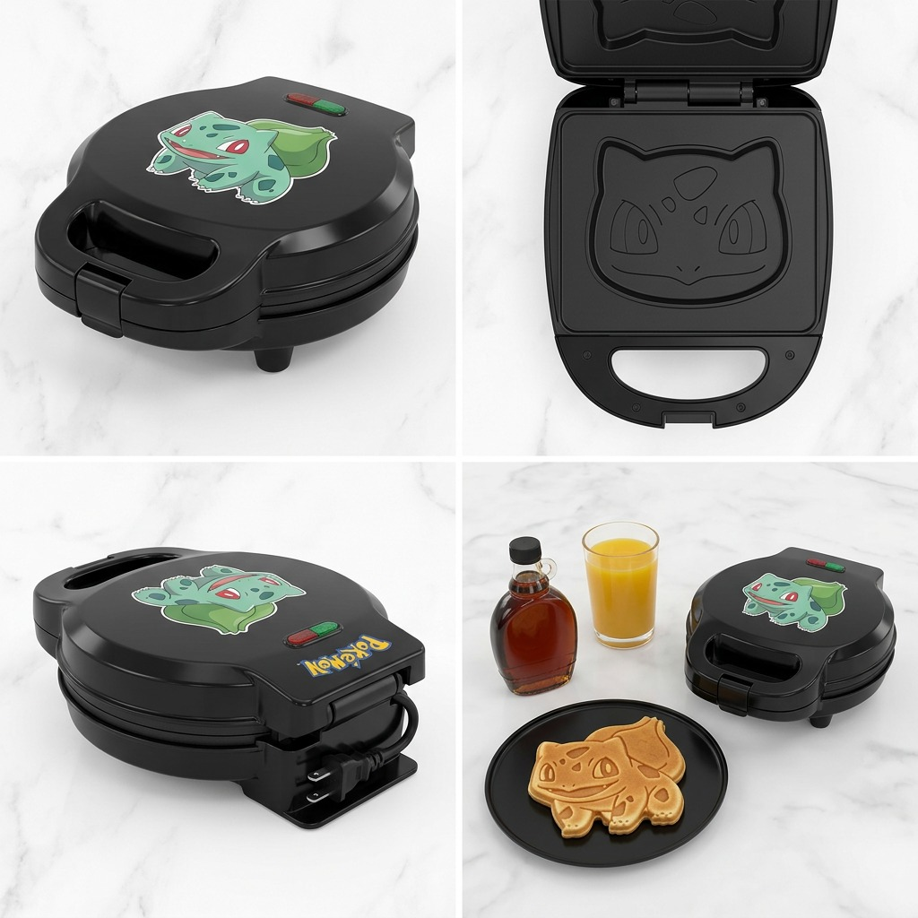 Matrix view of the Uncanny Brands Bulbasaur Waffle Maker showing the interior plate and a finished waffle.