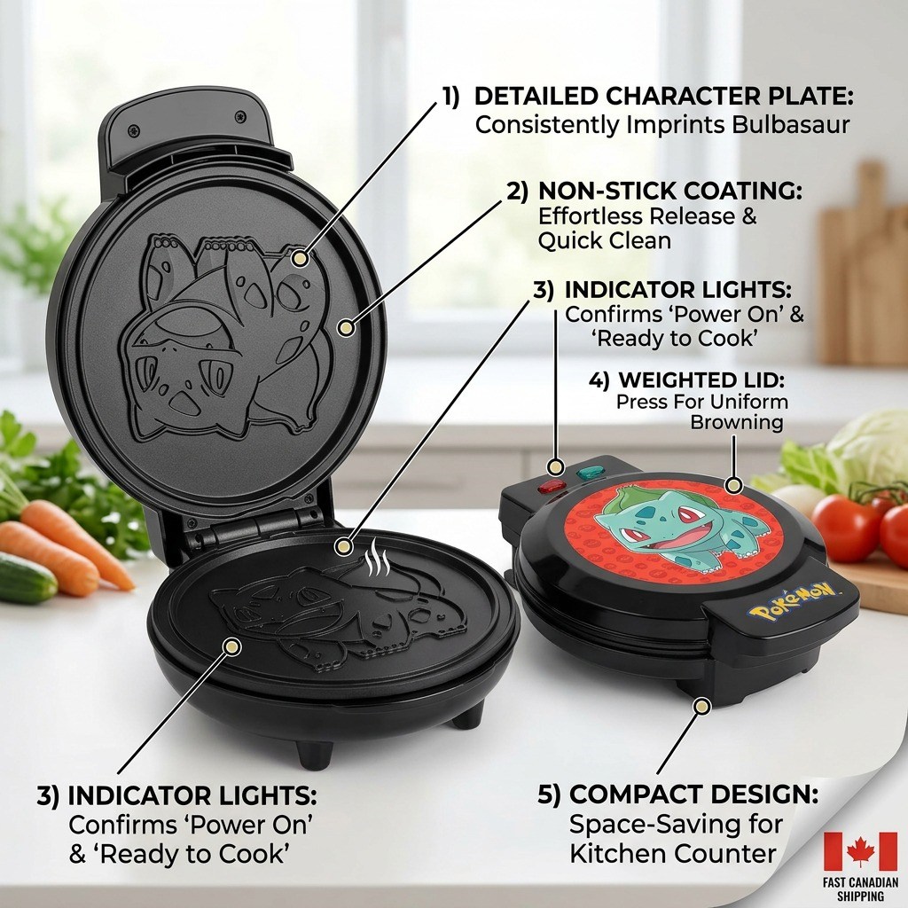Feature diagram of the Pokémon Bulbasaur Waffle Maker showing non-stick plates and compact design.
