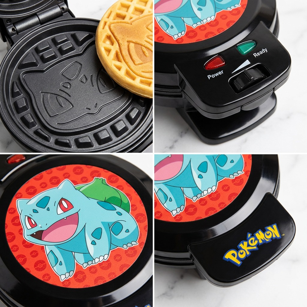 Close-up views of the Bulbasaur waffle maker showing non-stick plates, power lights, and lid design.