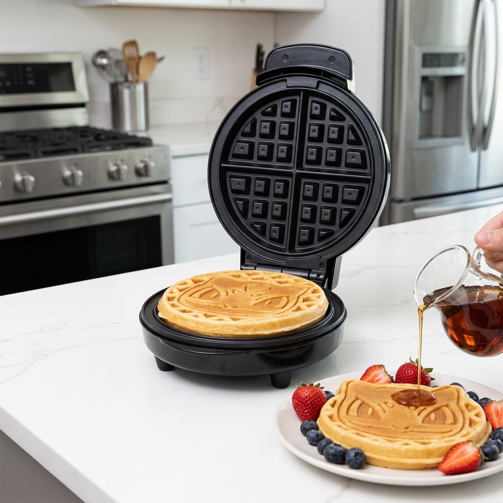 Open Uncanny Brands Bulbasaur Waffle Maker on a kitchen counter with a plated Pokémon waffle.