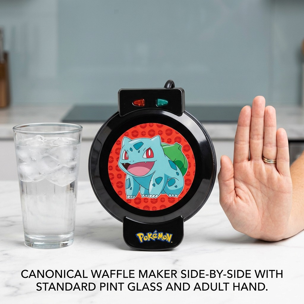 Scale of Uncanny Brands Bulbasaur Waffle Maker shown beside a standard pint glass and adult hand.