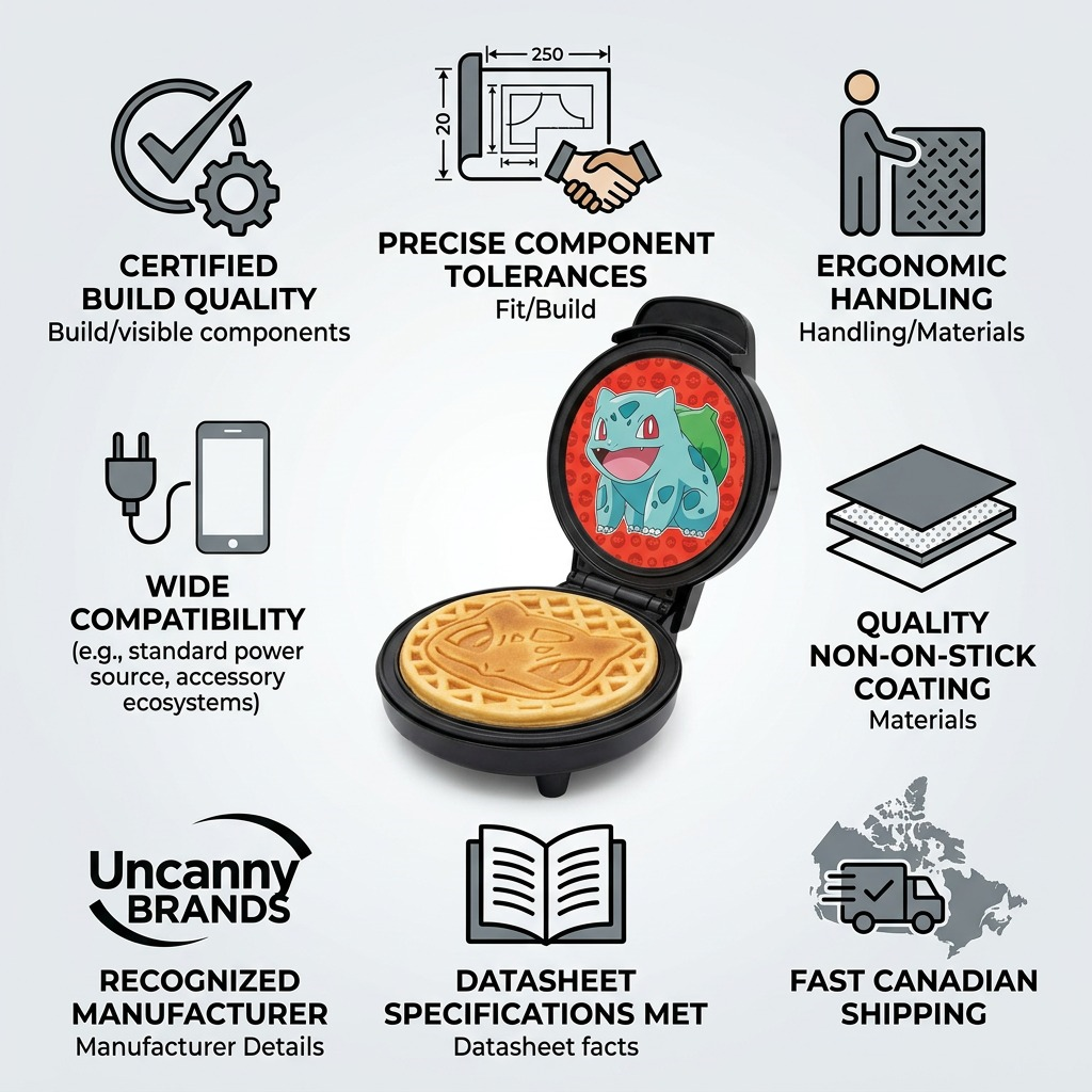 Infographic for Uncanny Brands Bulbasaur Waffle Maker showing quality build and Canadian shipping.