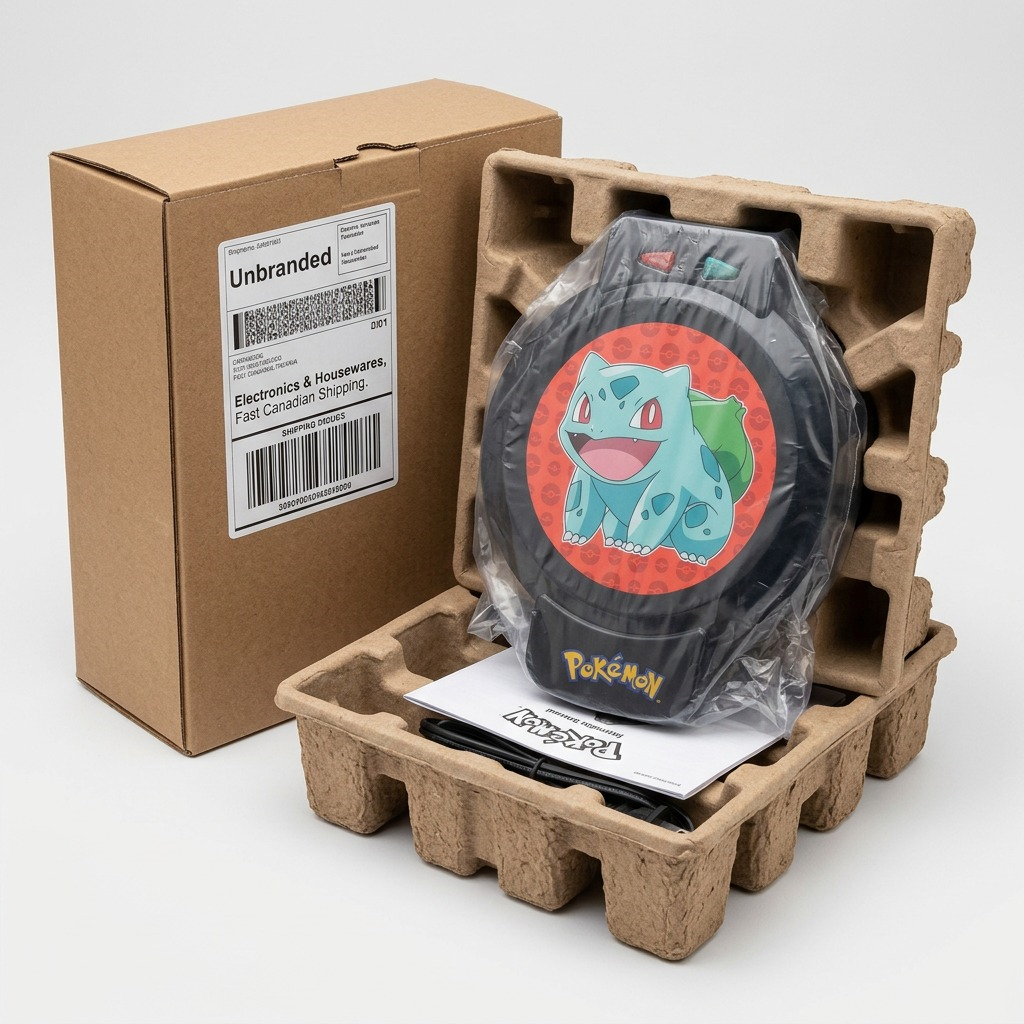 Unboxing of the Pokémon Bulbasaur Waffle Maker secured in protective molded fiber packaging.