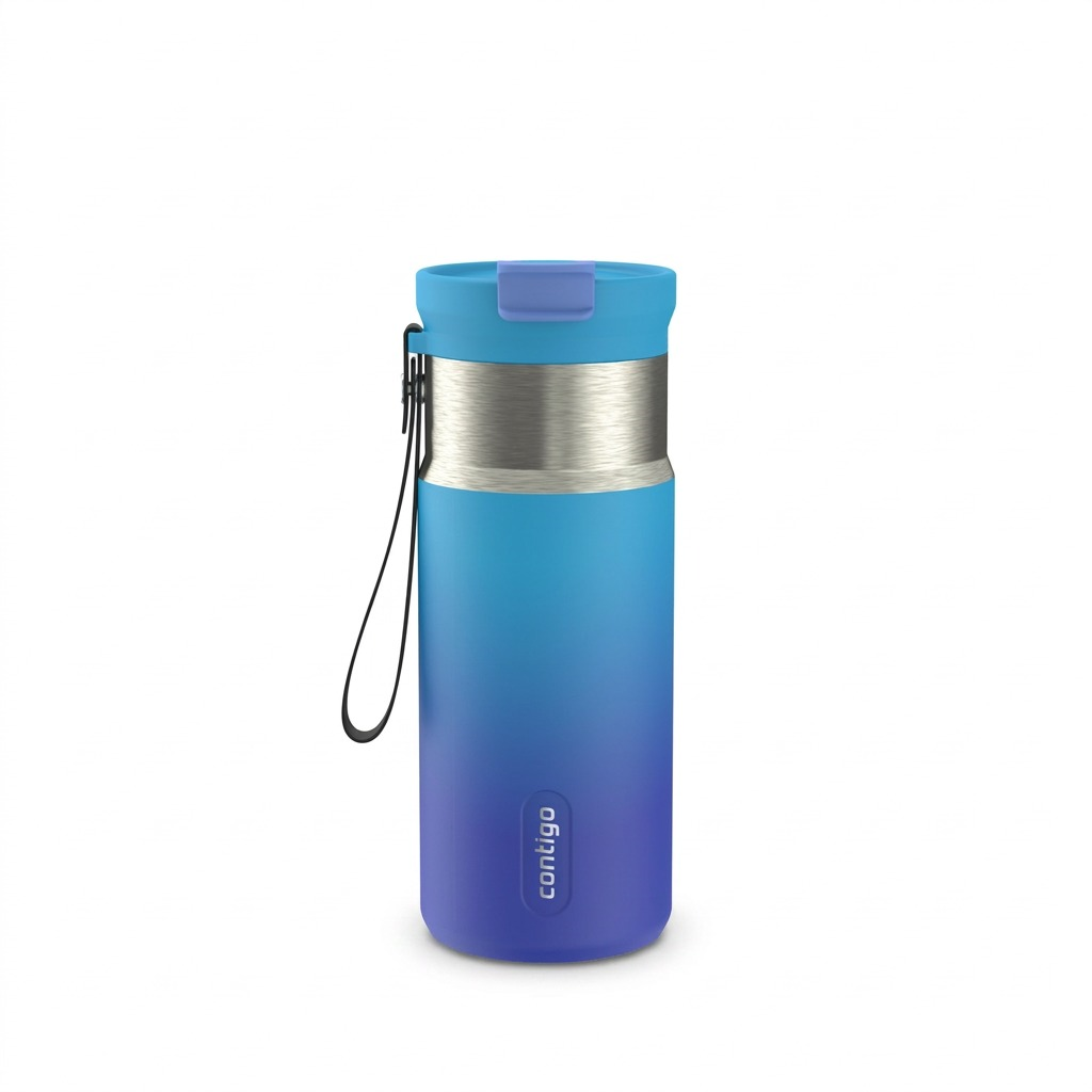 High-resolution 16oz Contigo Tween Dual Sip Indiglow ombre water bottle hero shot, pure white background.