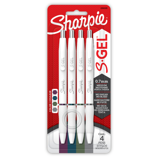 Sharpie S-Gel Pens, Fashion Barrel Gel Pens, Pearl White Body, Medium (0.7mm) Point, Rich Dark Colour Assortment, 4 Count