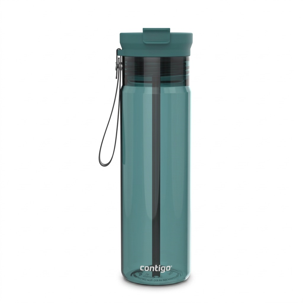 Contigo 28oz Mineral Teal Dual Sip Water Bottle with 2-in-1 lid, carry loop, and internal straw.