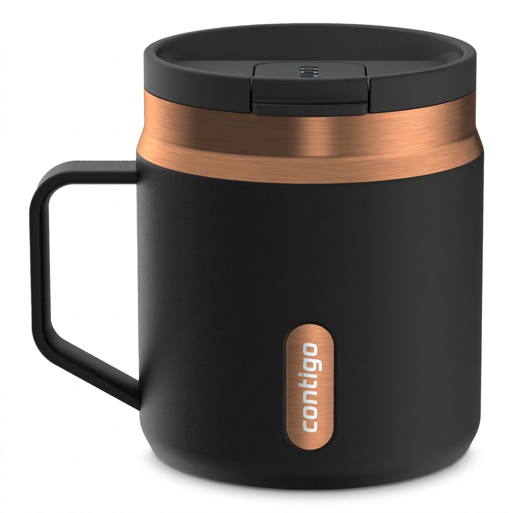 Contigo 14 oz Byron 2.0 thermal mug in matte licorice black with copper trim and Snapseal lid.