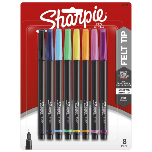 Sharpie Pens, Felt Tip, Fine Point (0.4 mm), Assorted Colours, 8 Count