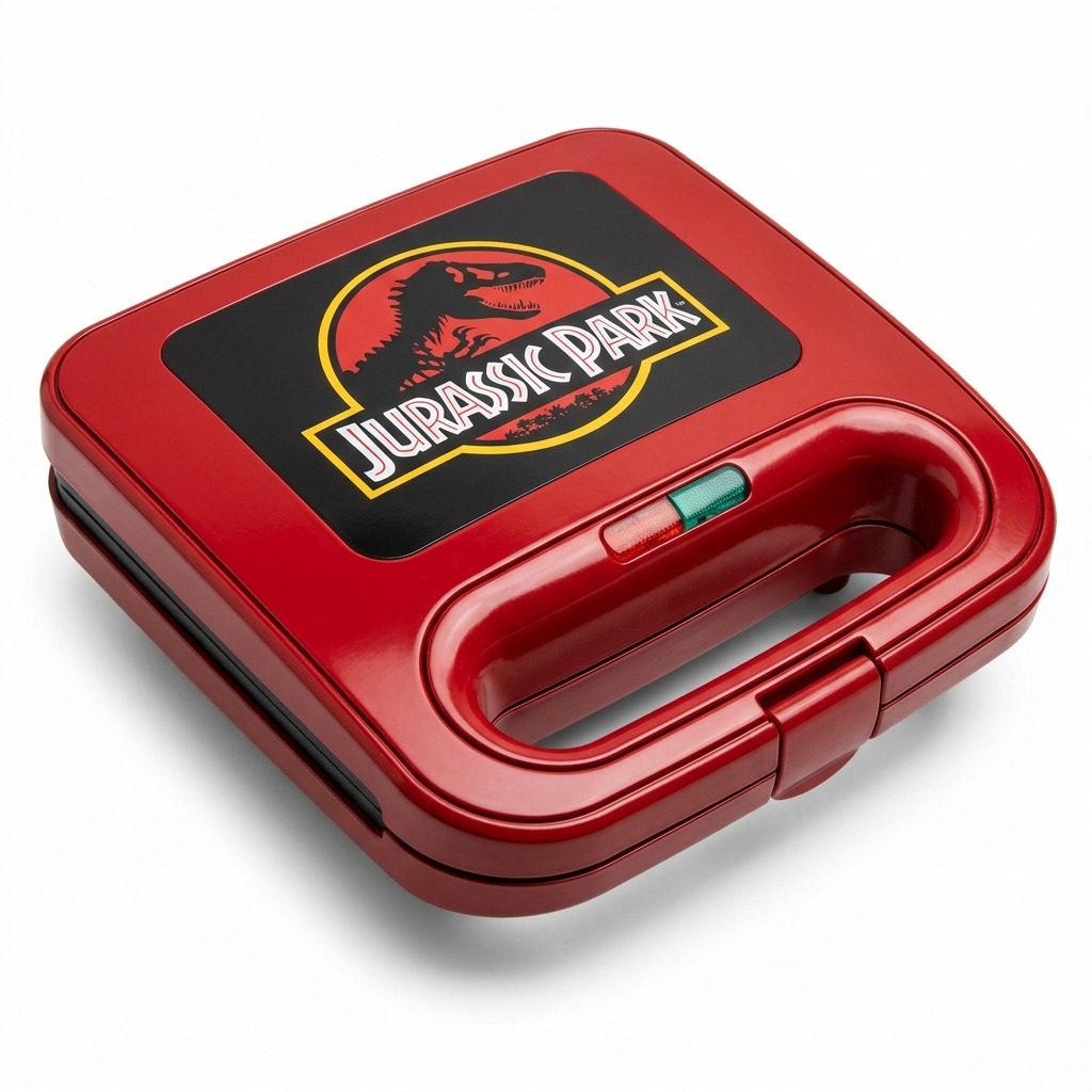 Uncanny Brands Jurassic Park Grilled Cheese Maker, red compact panini press with T-Rex logo lid.