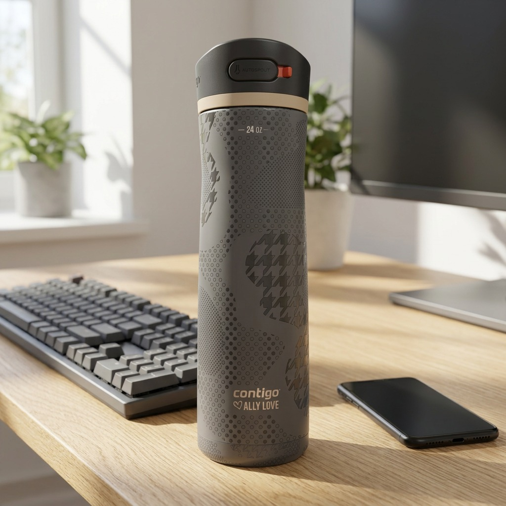 Contigo Ashland Chill 2.0 24oz water bottle on a desk near a computer keyboard and mobile phone.