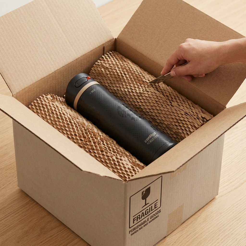 A black Contigo Ashland Chill 2.0 water bottle being unboxed from a fragile shipping box.
