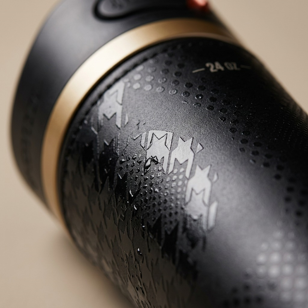 Macro detail of the Contigo Ashland Chill 2.0 Licorice bottle with textured pattern and condensation.