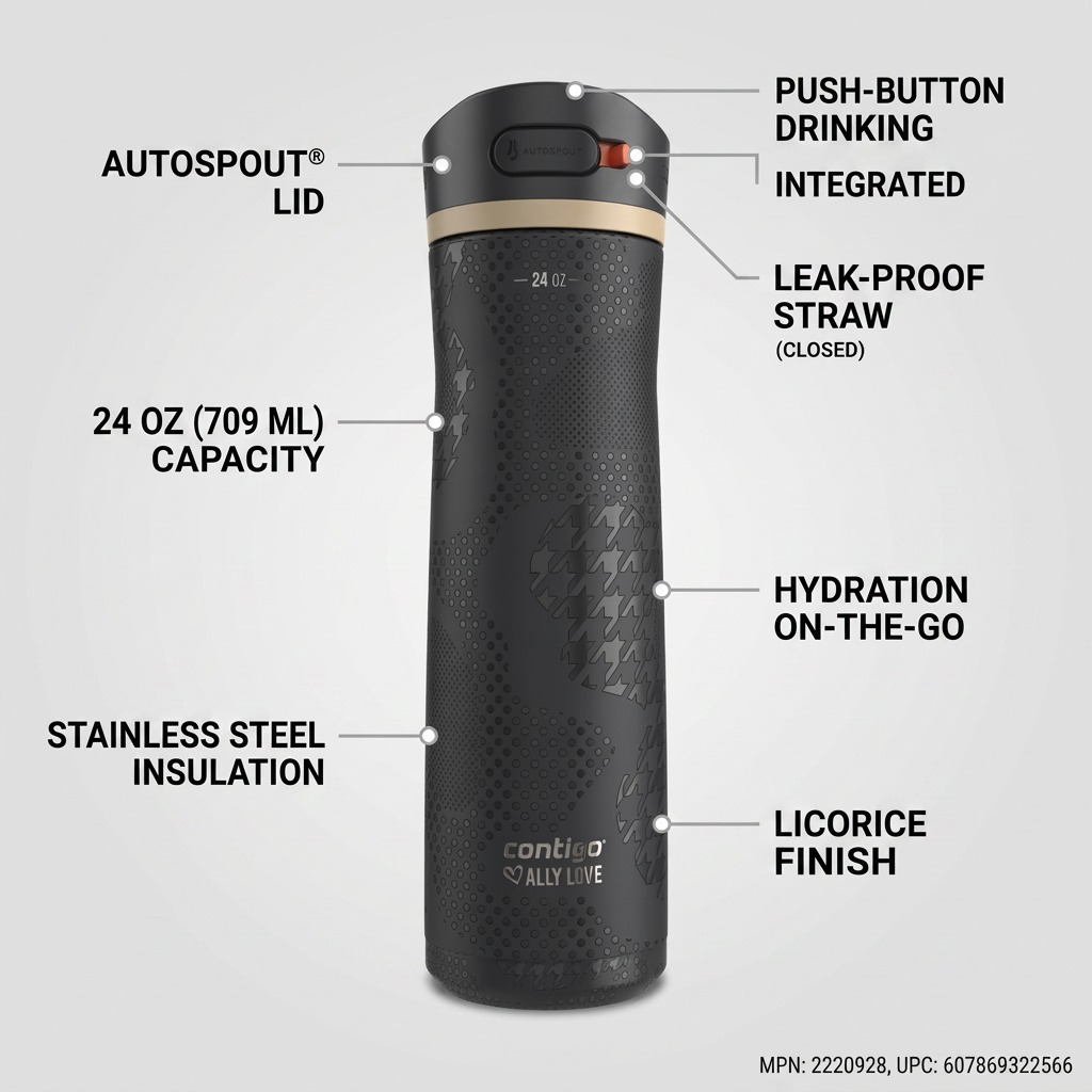 Contigo x Ally Love Ashland Chill 2.0 Water Bottle diagram highlighting the 24oz capacity, Autospout lid, and insulation.