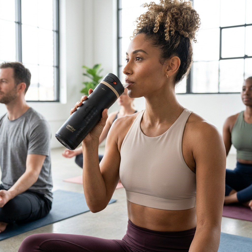 Woman at a gym drinking from a 24oz Contigo Ashland Chill 2.0 Licorice stainless steel bottle.