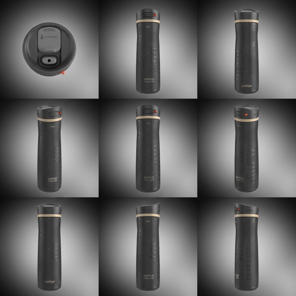 A grid matrix showing the Contigo Ashland Chill 2.0 Licorice water bottle from multiple angles.