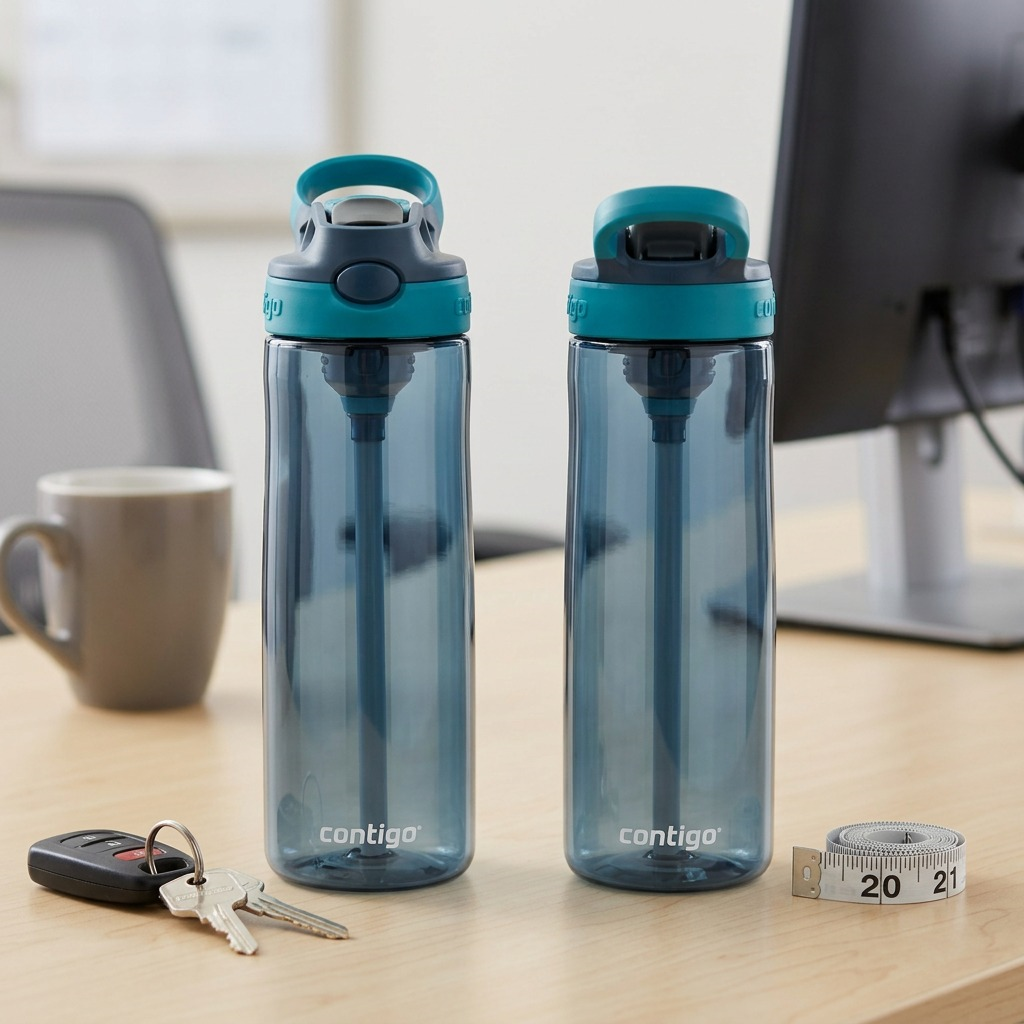 A Contigo 20 oz Autospout bottle stands in a workspace, next to a smartphone and car keys for size comparison.