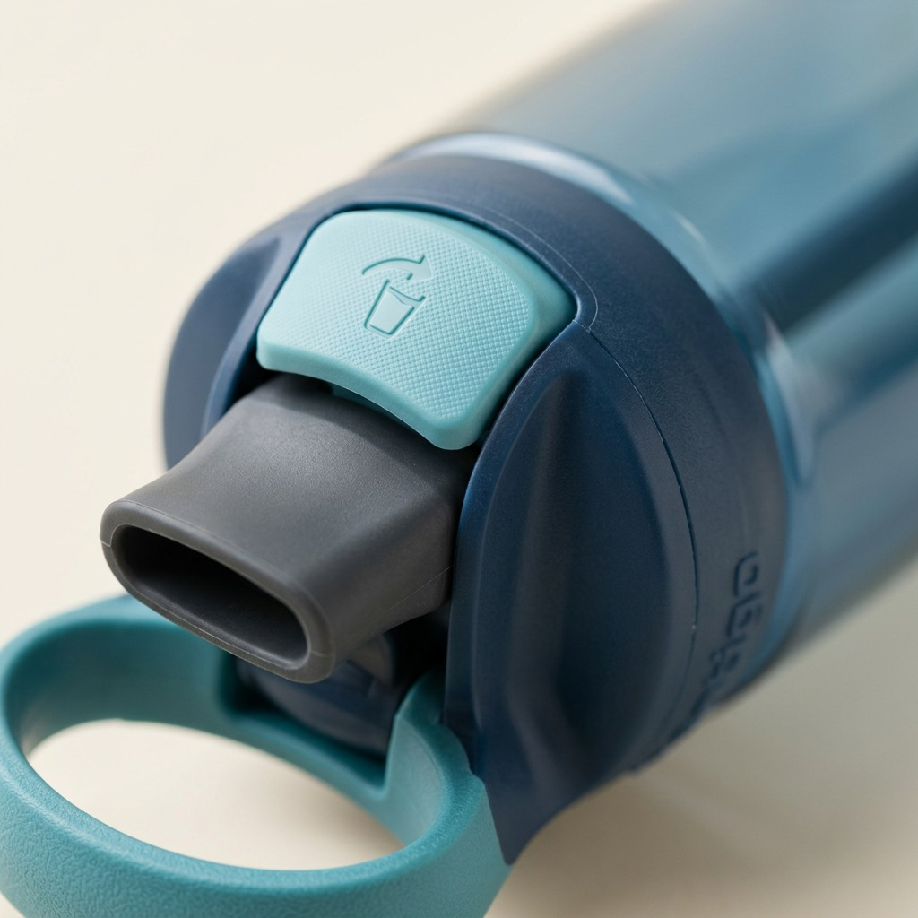 Macro detail of Contigo Autospout water bottle spout and button mechanism.