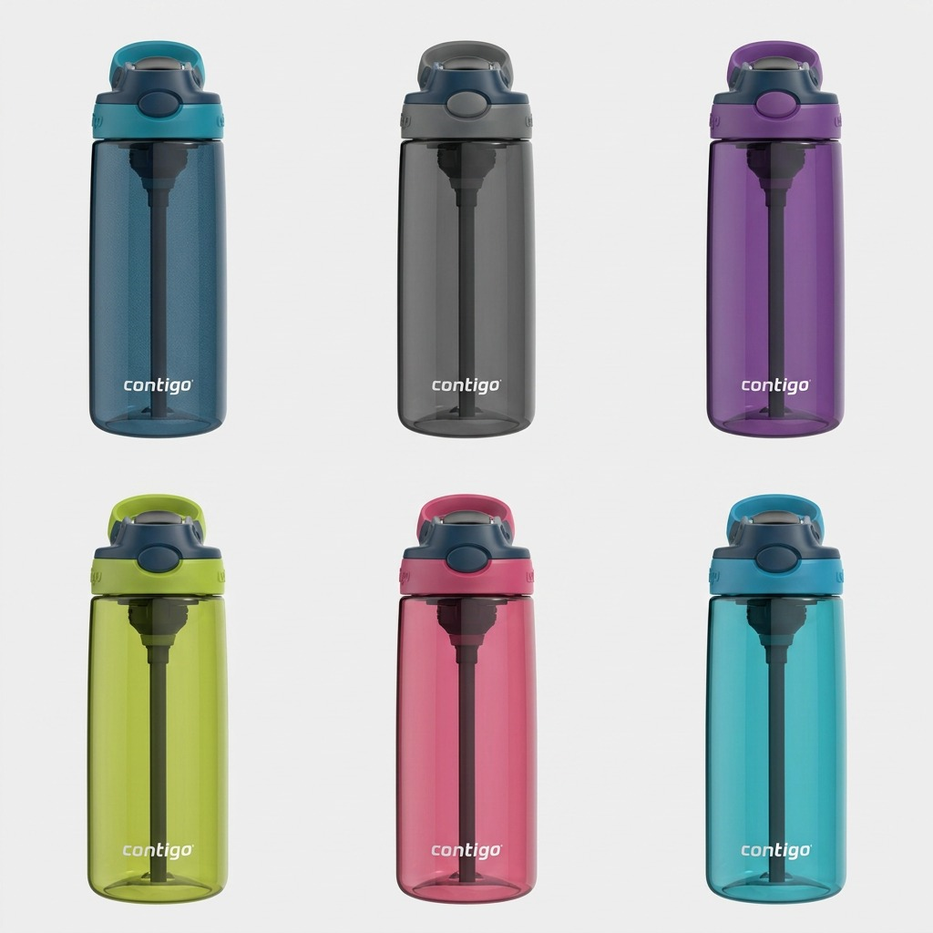 A product matrix display featuring five identical Contigo water bottles in different translucent shades (Blueberry, Amethyst, Smoke, Citron, Raspberry) with corresponding teal and navy Autospout caps, set against a clean, light-colored grid background.