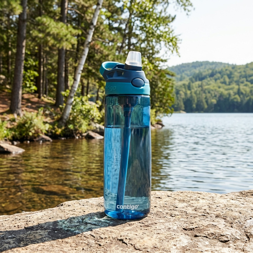 Lifestyle photo of Contigo water bottle on a rock by a scenic Canadian lake.