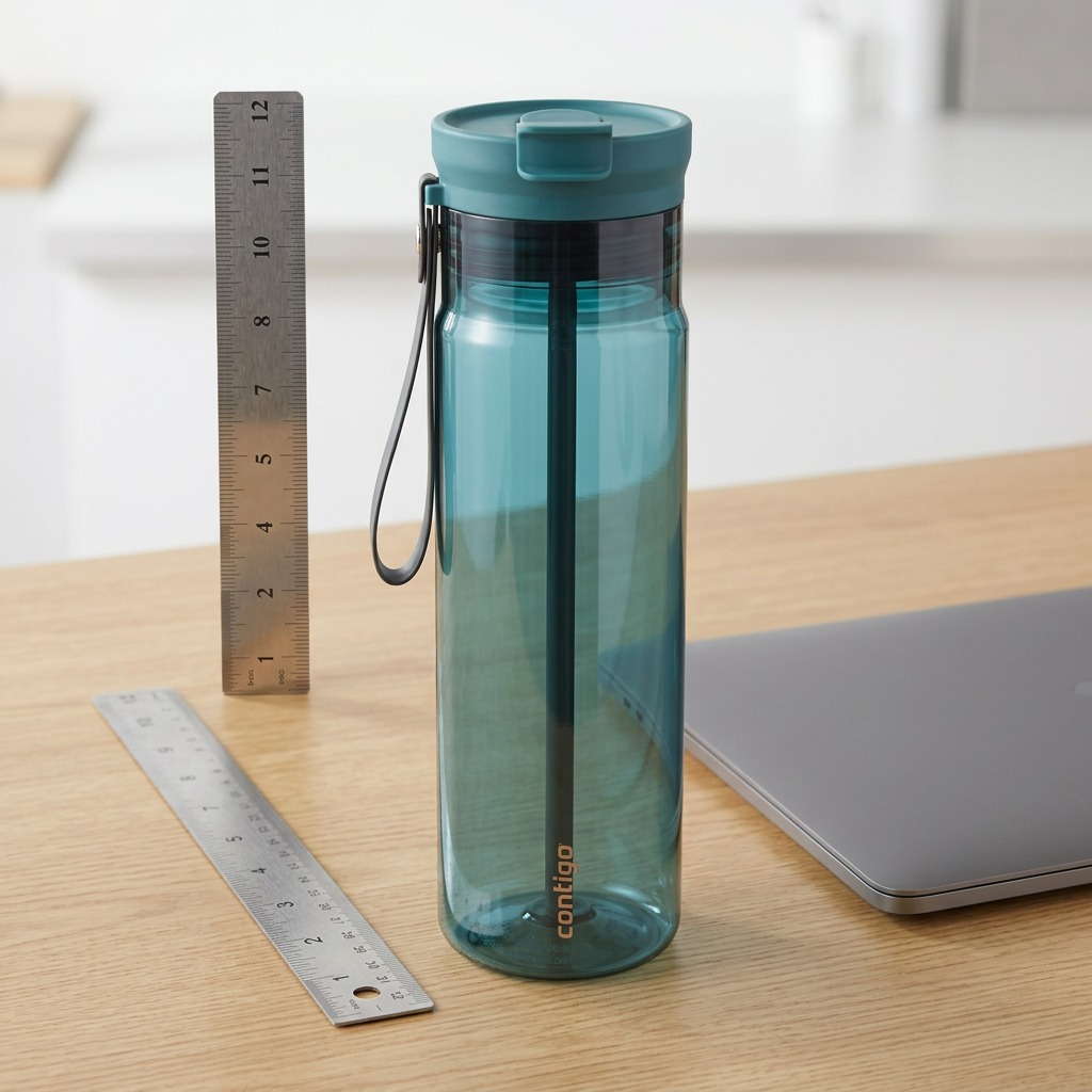 Contigo 28oz Mineral Teal Water Bottle on a desk next to a 12-inch ruler and laptop for scale.