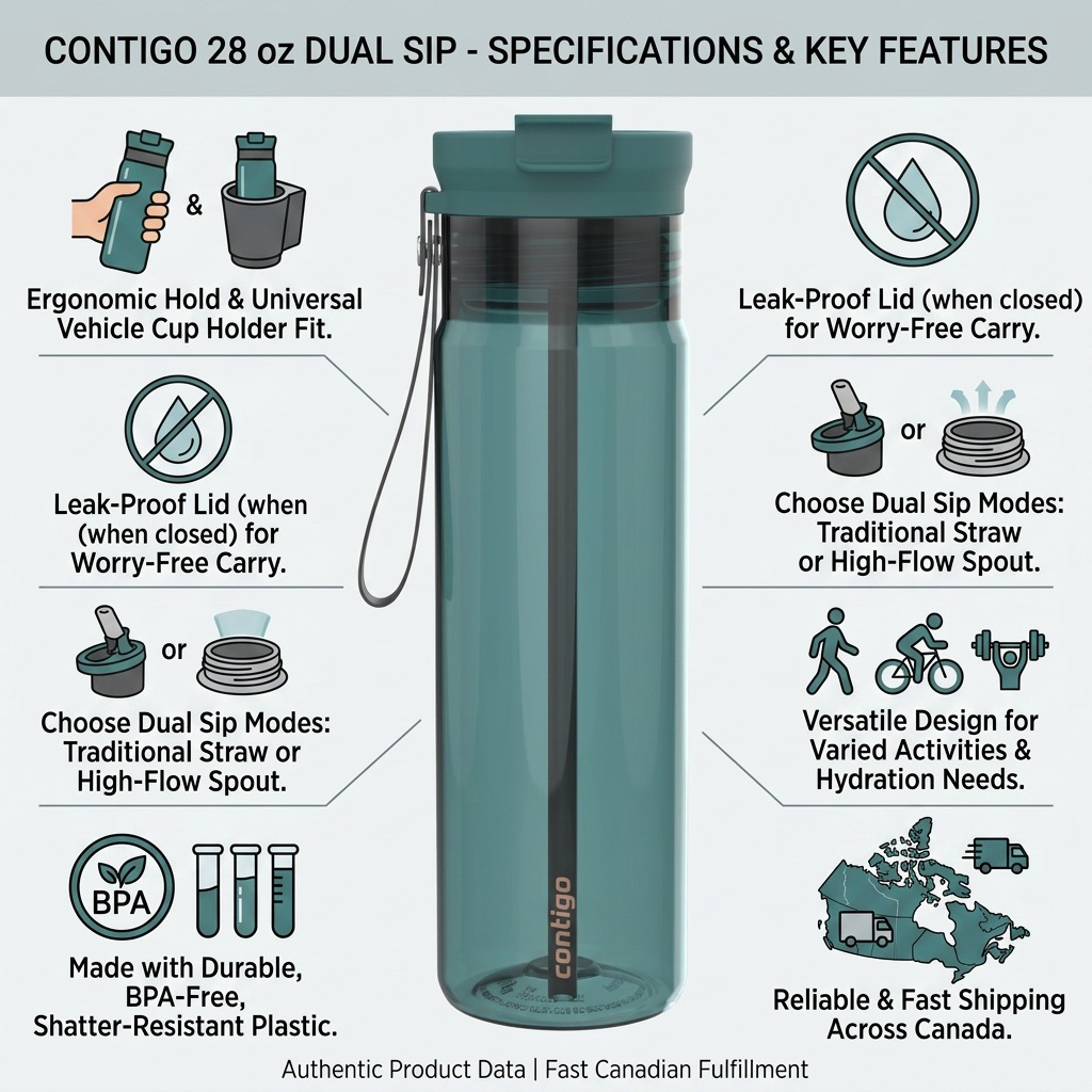 Contigo 28 oz Dual Sip mineral teal water bottle features infographic showing leak-proof design.